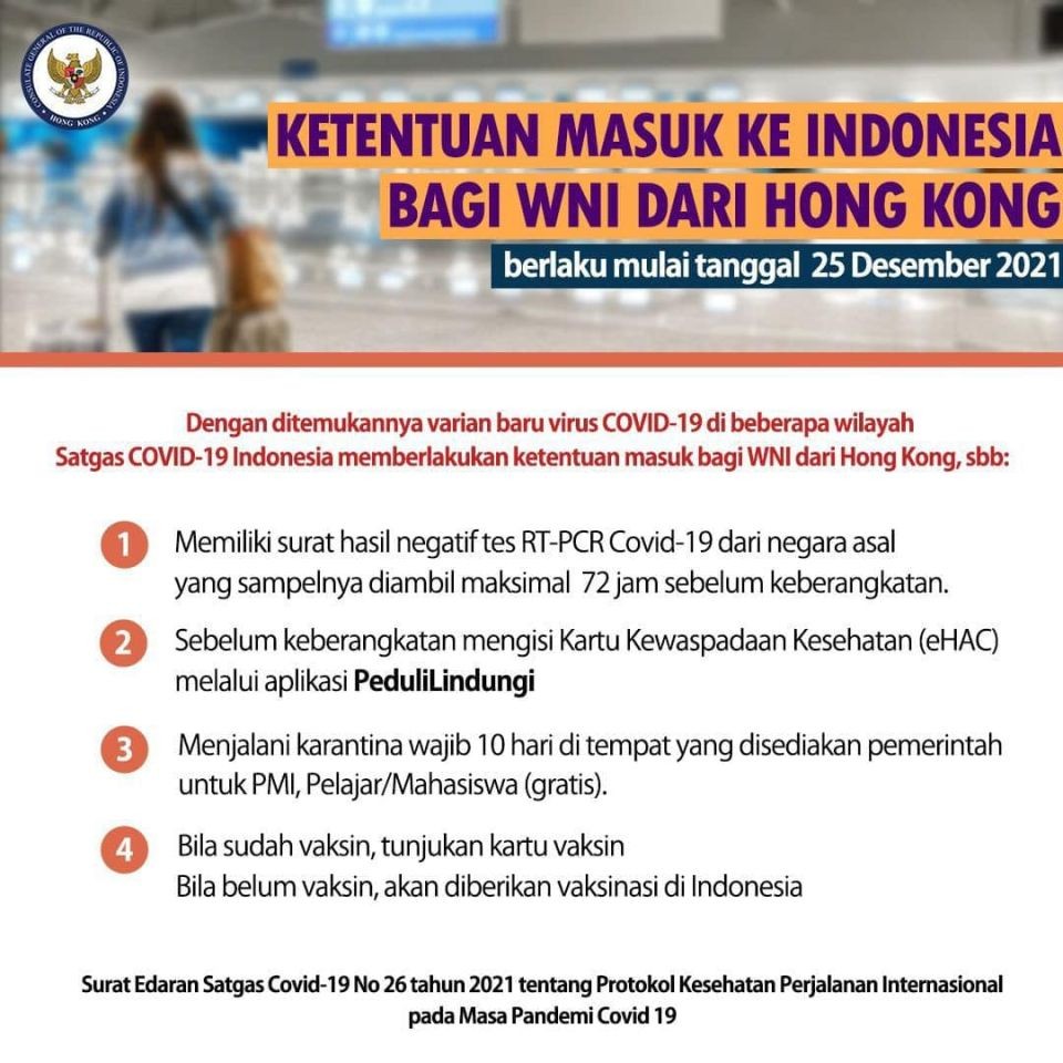 Ketentuan Masuk Ke Indonesia Bagi WNI Dari Hong Kong Yang Berlaku Mulai 25 Desember 2021